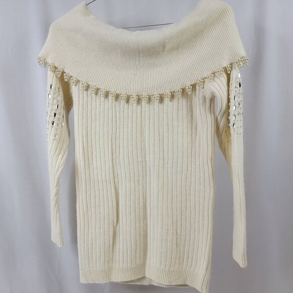 Vintage Pappagallo Beaded Pearl Off-Shoulder Sweater | Angora Wool Blend - Picture 3 of 11
